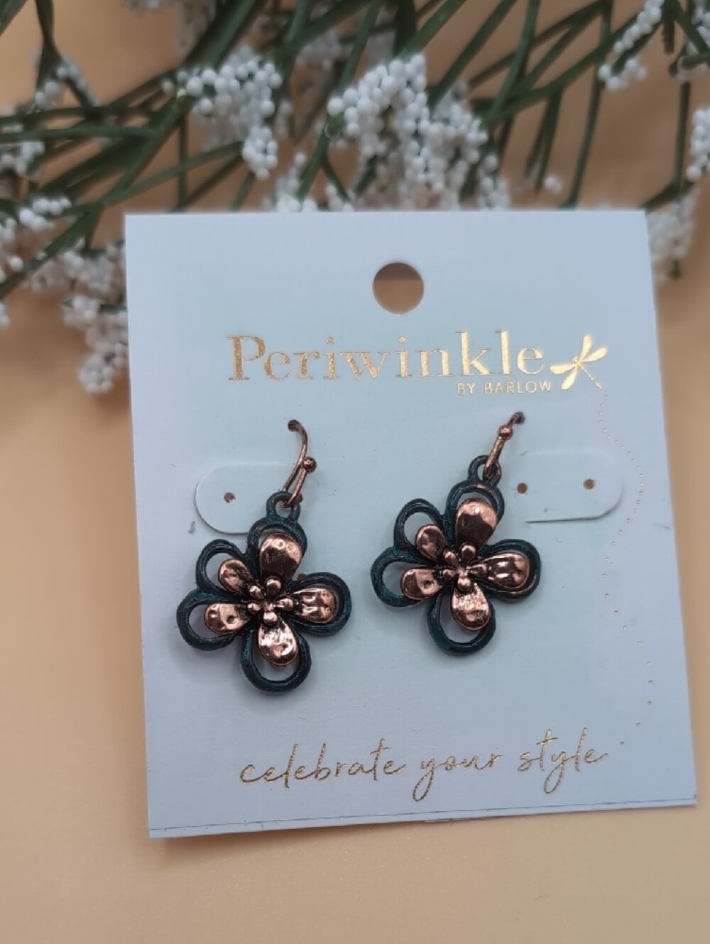 Rose Gold & Teal Flower Drop Earrings NWT